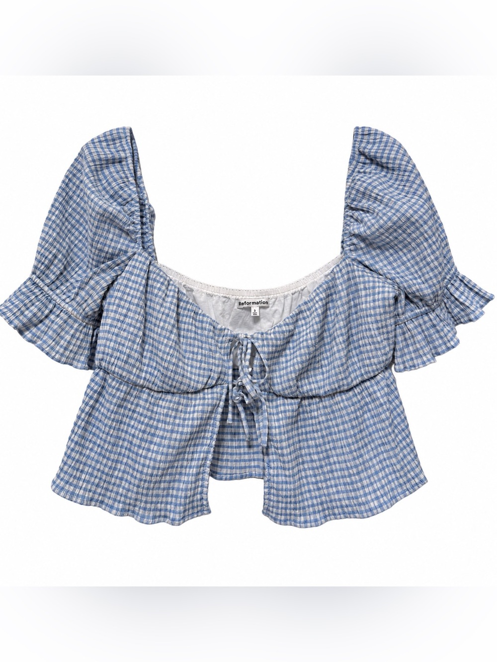 🦋 Reformation| Blue White Gingham Puff Sleeve Tie Front Peplum Top Size 8